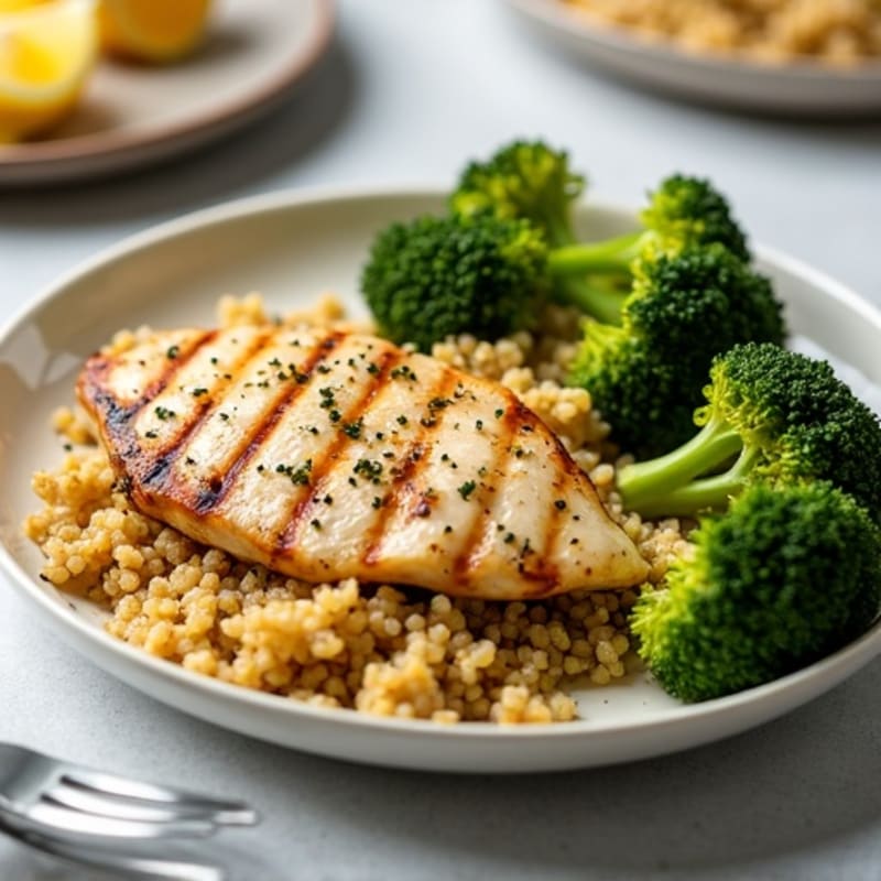 Grilled Lemon Garlic Chicken Breast with Quinoa and Roasted Broccoli