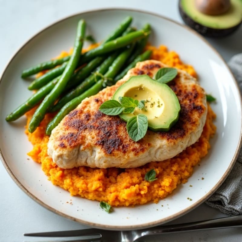 Seared Turkey Cutlets with Steamed Green Beans and Sweet Potato Mash