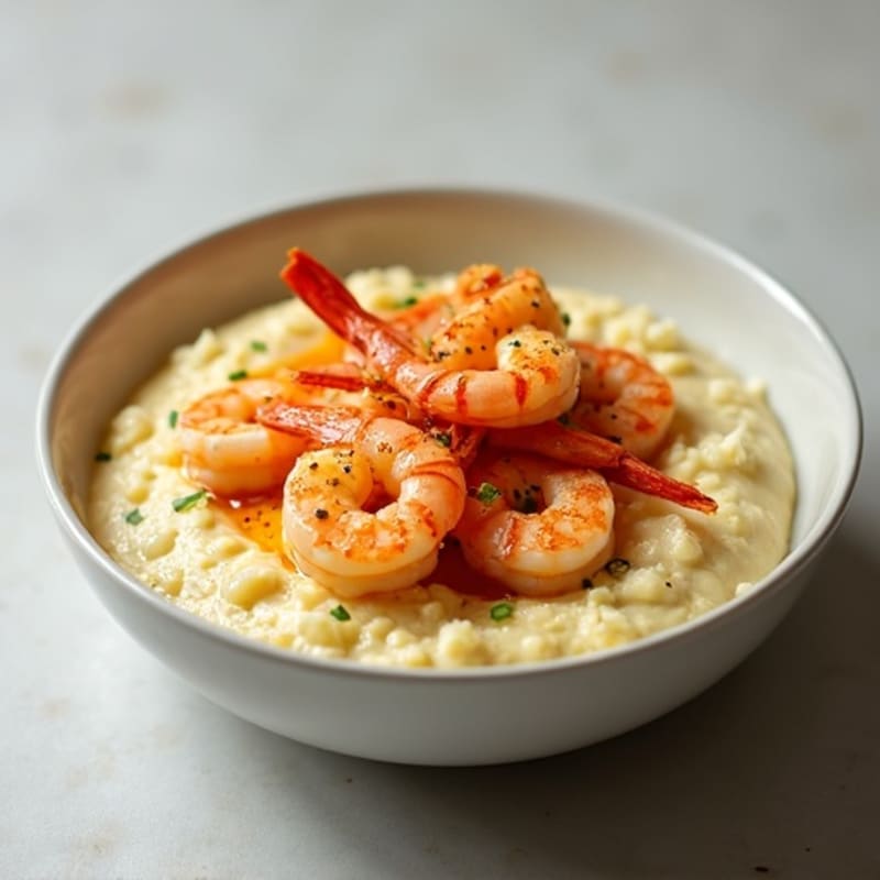 Creamy Cauliflower Grits with Spicy Garlic Shrimp