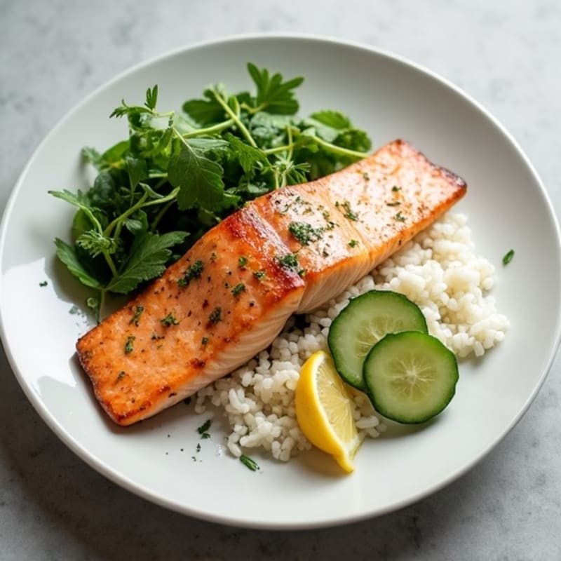 Seared Salmon with Steamed Rice and Herb Salad