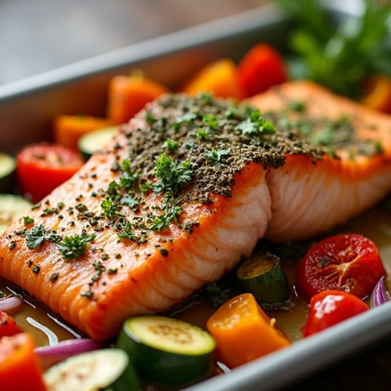Herb-Crusted Sheet Pan Salmon with Roasted Rainbow Vegetables