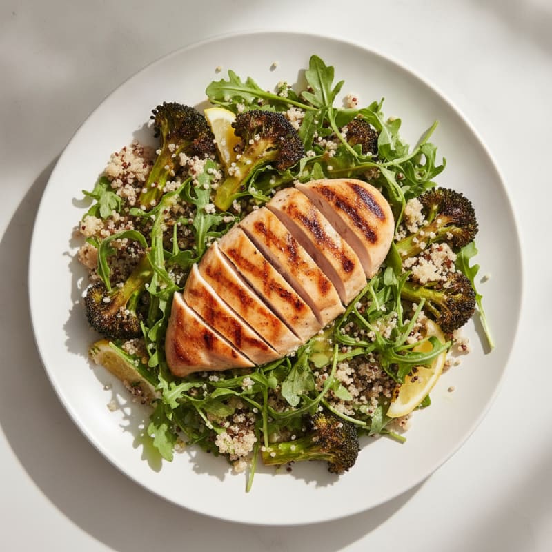 Grilled Chicken Breast Salad with Quinoa and Roasted Broccoli