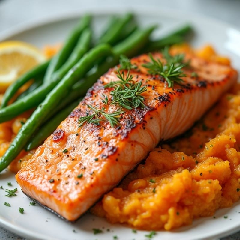 Seared Salmon with Lemon Herb Green Beans and Sweet Potato Mash