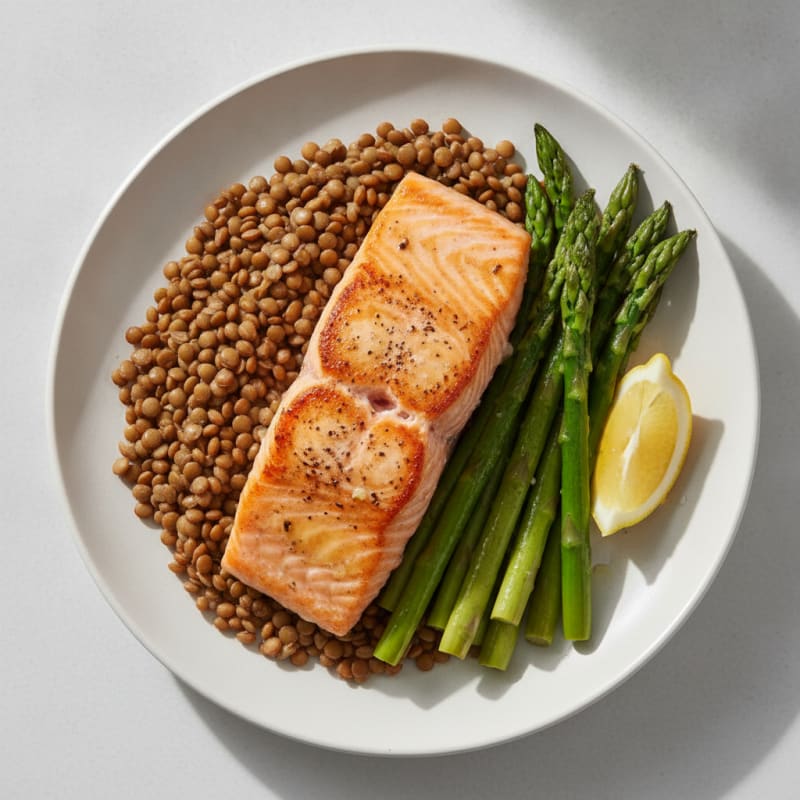 Seared Salmon Fillet with Steamed Asparagus and Lentils