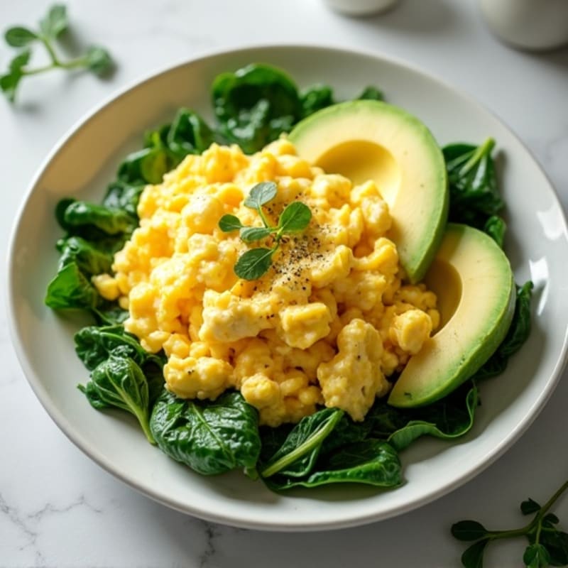 Creamy Scrambled Eggs with Fresh Spinach and Sliced Avocado