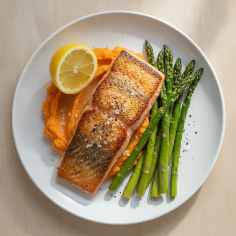 Seared Salmon Fillet with Roasted Asparagus and Sweet Potato Mash