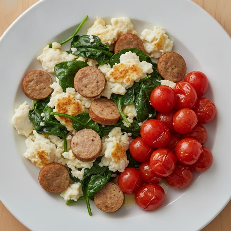 Egg White Scramble with Turkey Sausage and Sautéed Spinach