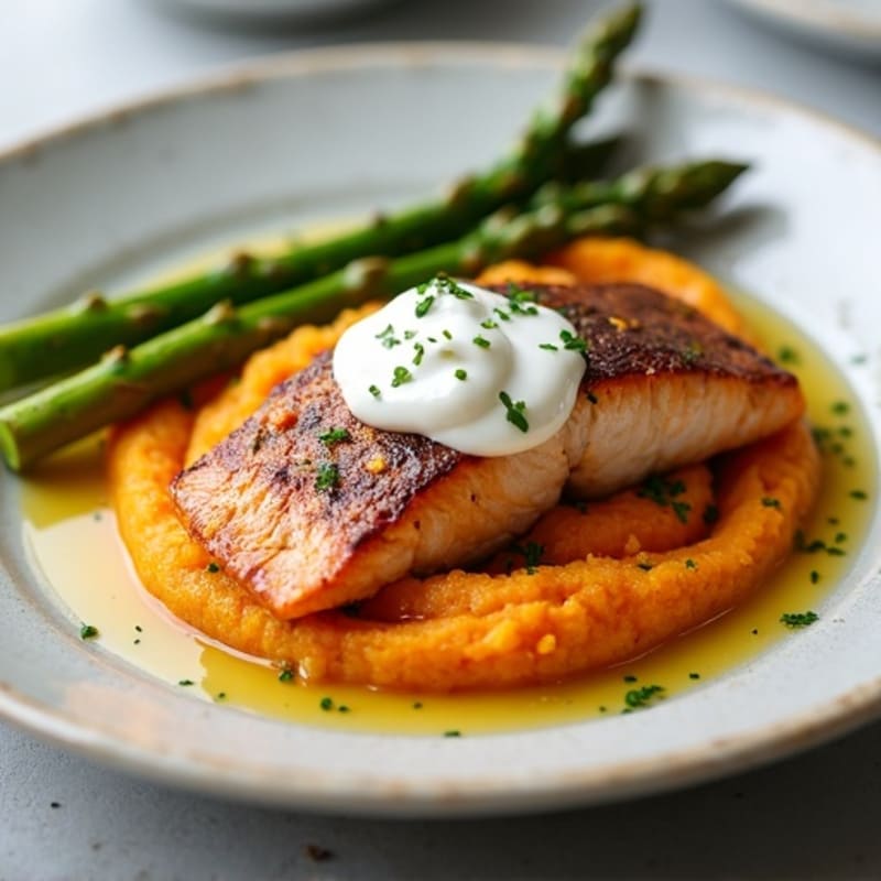 Seared Salmon with Roasted Asparagus and Sweet Potato Mash