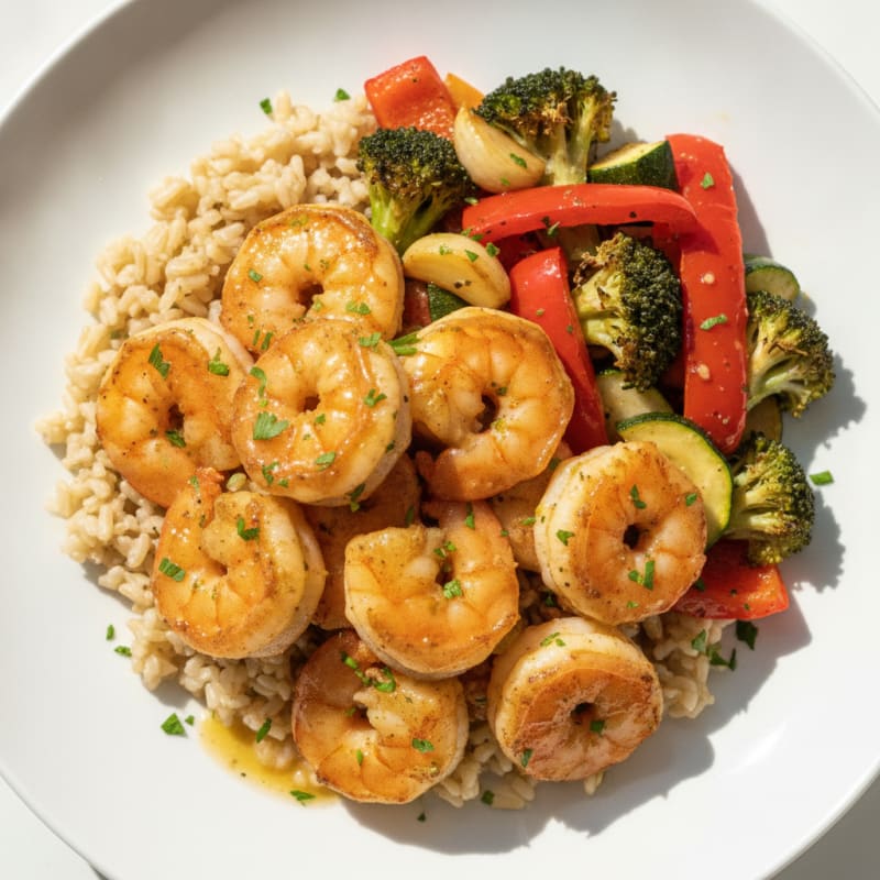Garlic Shrimp with Roasted Vegetables and Rice