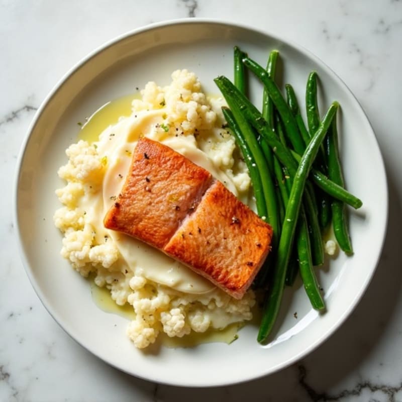 Seared Salmon with Garlic Green Beans and Cauliflower Mash