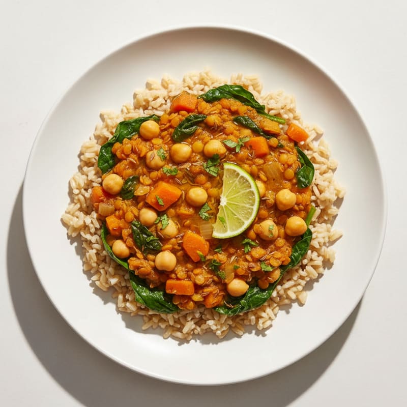Silky Lentil and Chickpea Stew with Brown Rice and Spinach