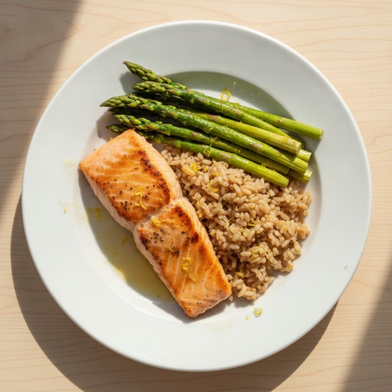 Seared Salmon Fillet with Steamed Asparagus and Lemon Zest Brown Rice
