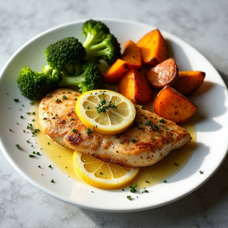 Lemon Herb Roasted Chicken with Crispy Roasted Broccoli and Sweet Potatoes