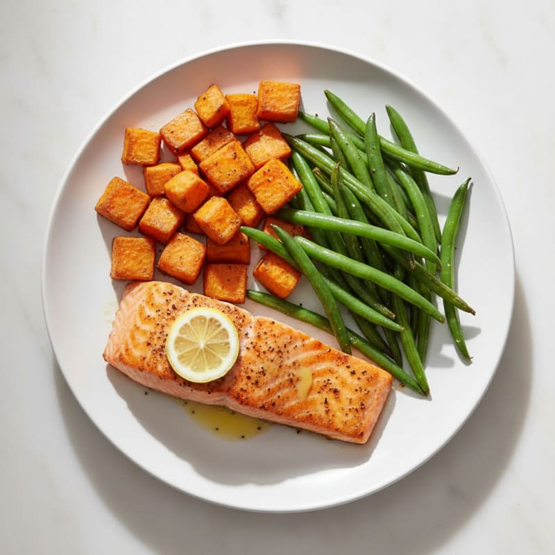 Seared Salmon with Roasted Sweet Potatoes and Green Beans