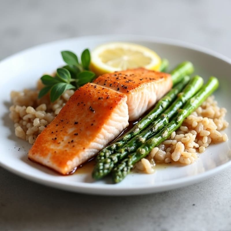 Seared Salmon with Steamed Asparagus and Brown Rice