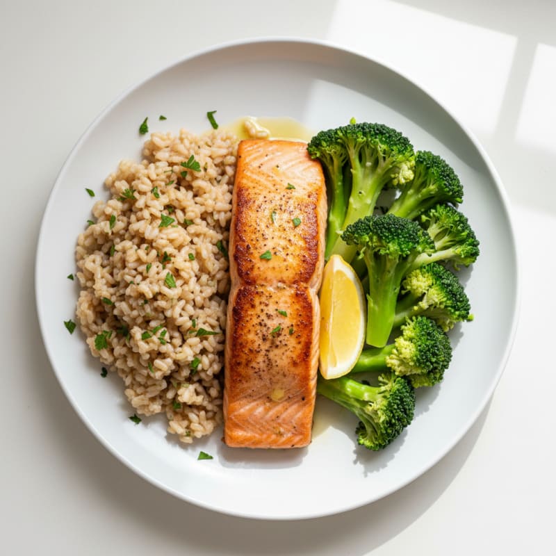 Seared Salmon with Steamed Broccoli and Garlic Brown Rice