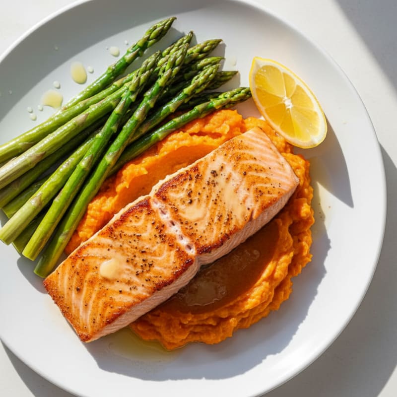 Seared Salmon with Steamed Asparagus and Sweet Potato Mash