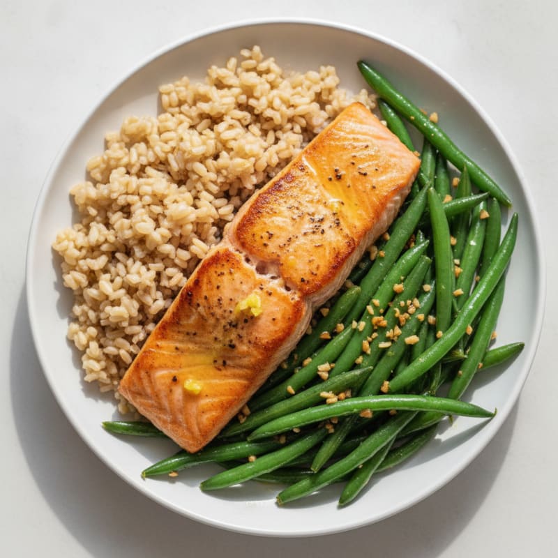 Seared Salmon with Garlic Green Beans and Brown Rice
