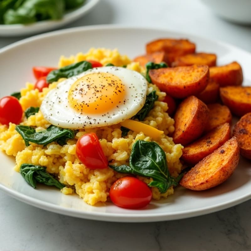 Fluffy Egg and Veggie Scramble with Crispy Sweet Potatoes