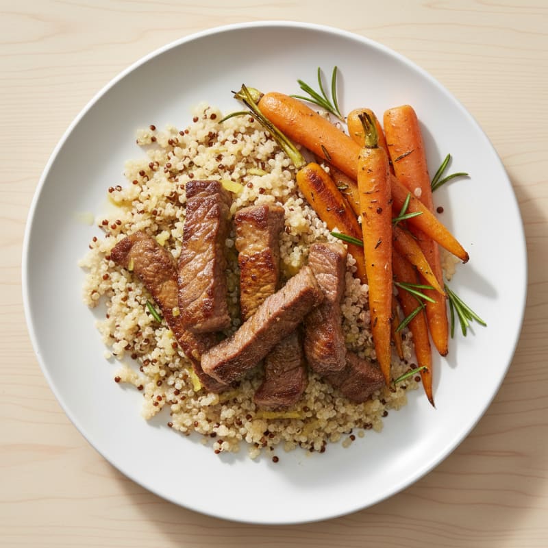 Seared Lean Beef Strips with Quinoa and Roasted Carrots