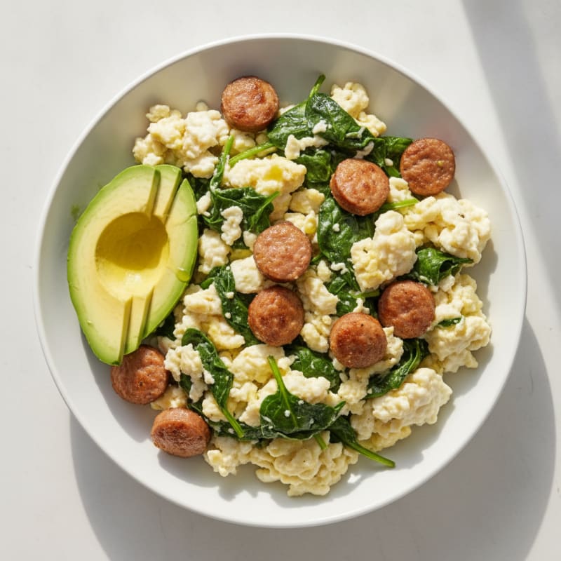 Egg White Spinach Scramble with Turkey Sausage