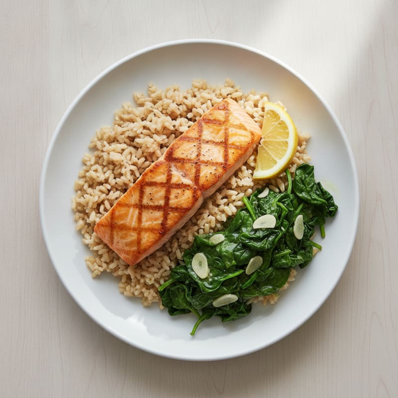 Seared Salmon with Garlic Spinach and Brown Rice