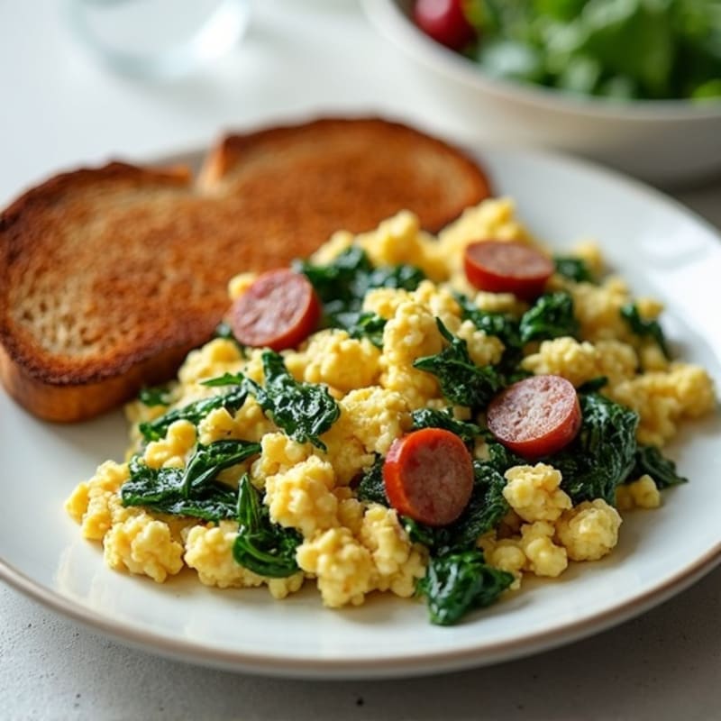 Cottage Cheese Scramble with Turkey Sausage and Sautéed Spinach (with Whole Grain Toast)