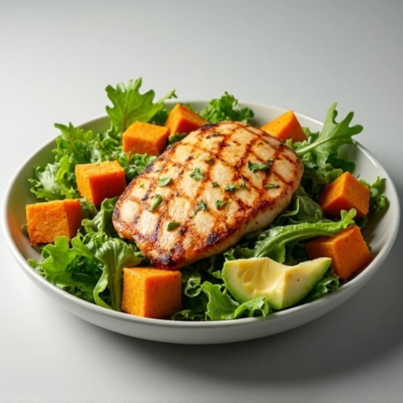 Grilled Chicken and Mixed Greens Salad with Roasted Sweet Potato Cubes