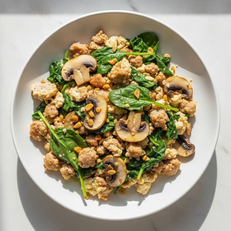 Egg White Spinach Scramble with Turkey Sausage and Sautéed Mushrooms