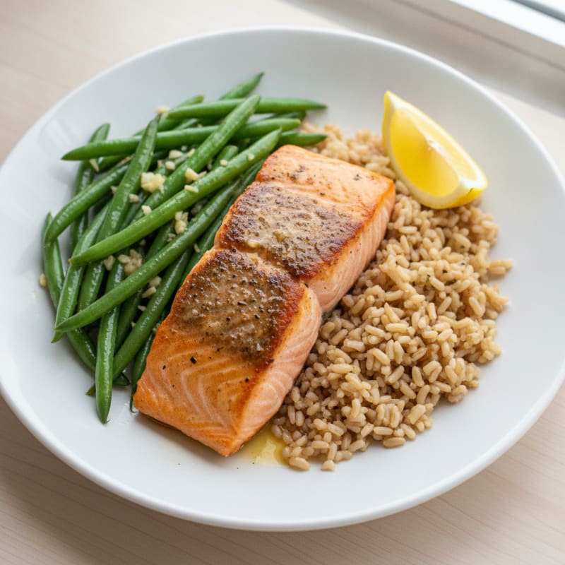 Seared Salmon with Garlic Green Beans and Brown Rice