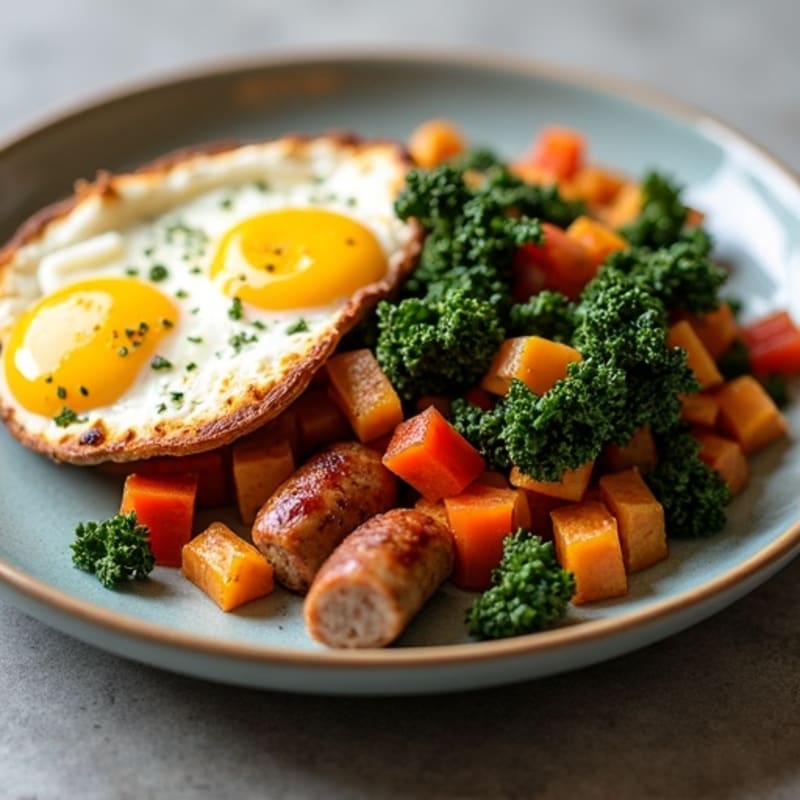 Sweet Potato Hash with Crispy Turkey Sausage and Sautéed Kale