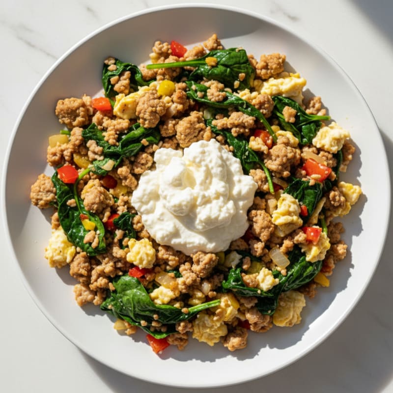 Egg White and Turkey Spinach Scramble with Cottage Cheese