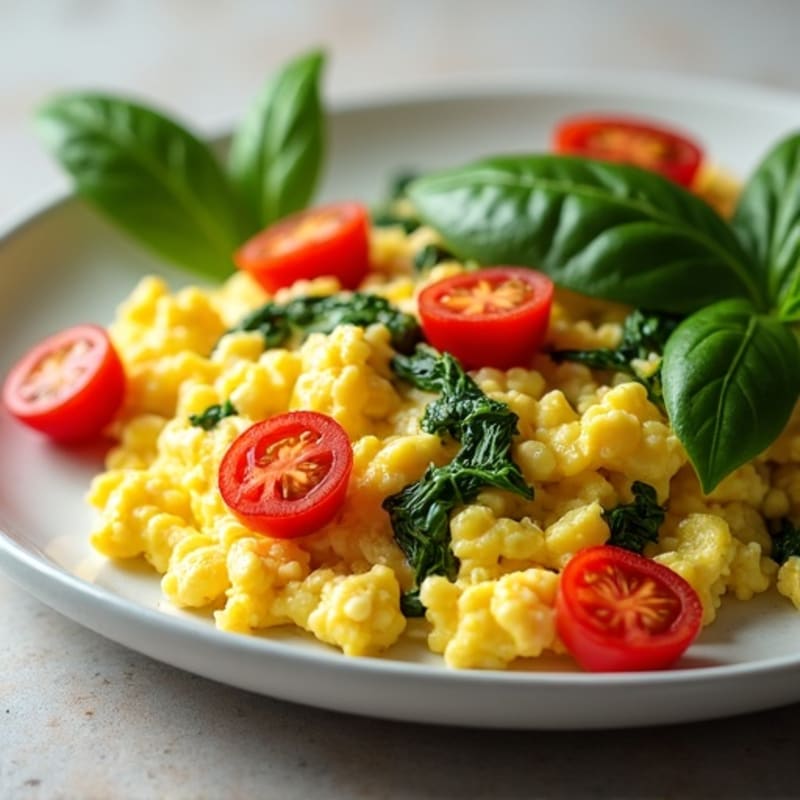 Fluffy Scrambled Eggs with Fresh Spinach and Cherry Tomatoes