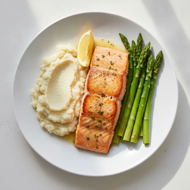 Seared Salmon with Steamed Asparagus and Cauliflower Mash