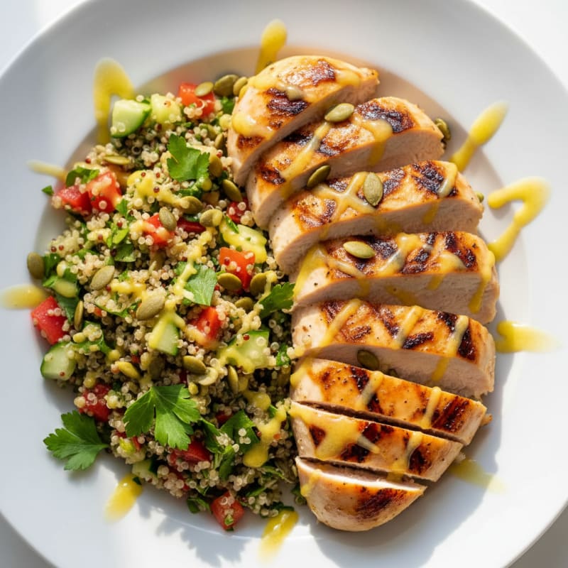 Grilled Chicken Breast with Crunchy Quinoa Salad and Lemon Vinaigrette