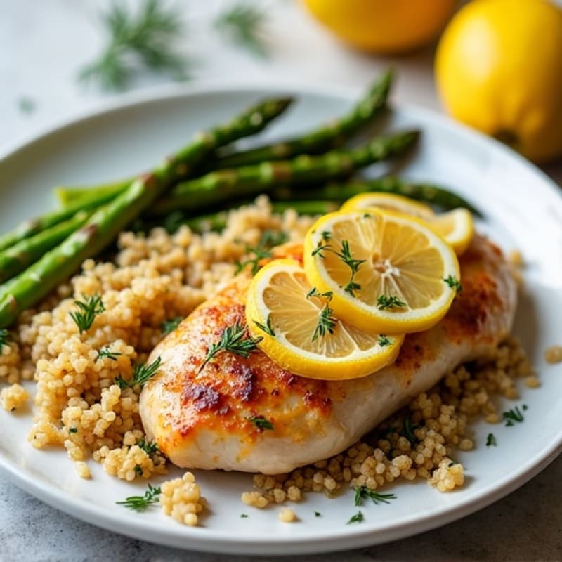 Crispy Lemon-Herb Roasted Chicken with Roasted Asparagus and Quinoa