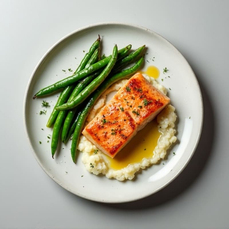 Seared Salmon Fillet with Steamed Green Beans and Cauliflower Mash