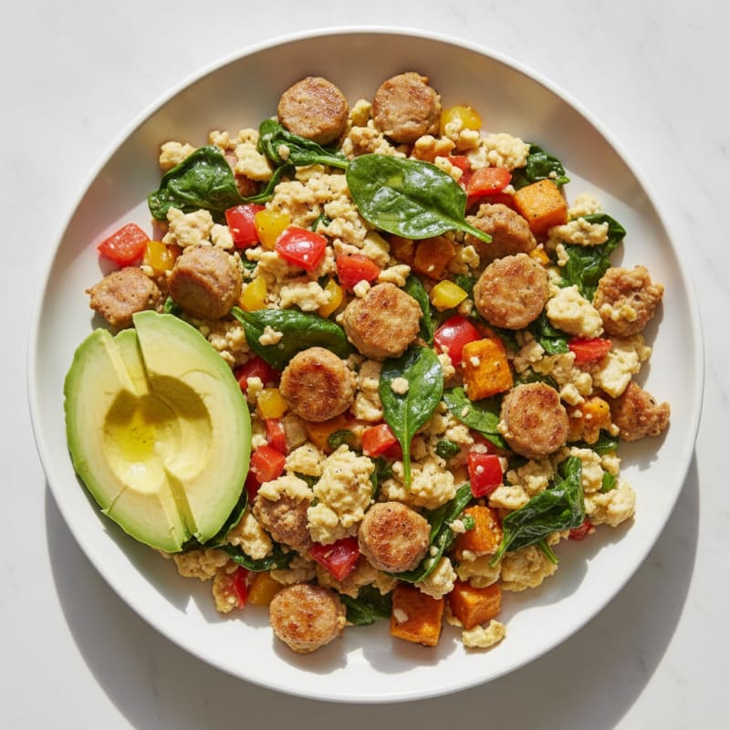 Egg White and Turkey Sausage Scramble with Spinach and Bell Peppers