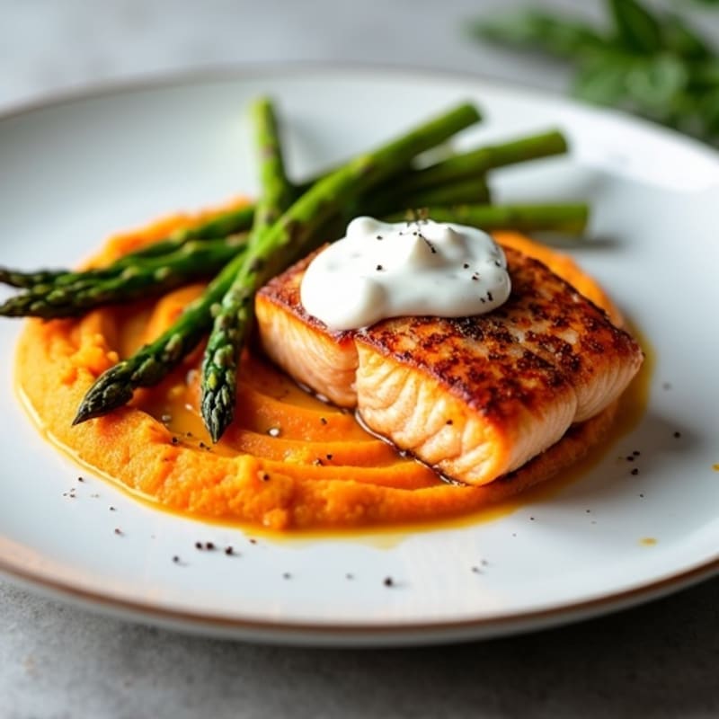 Seared Salmon Fillet with Roasted Asparagus and Sweet Potato Mash