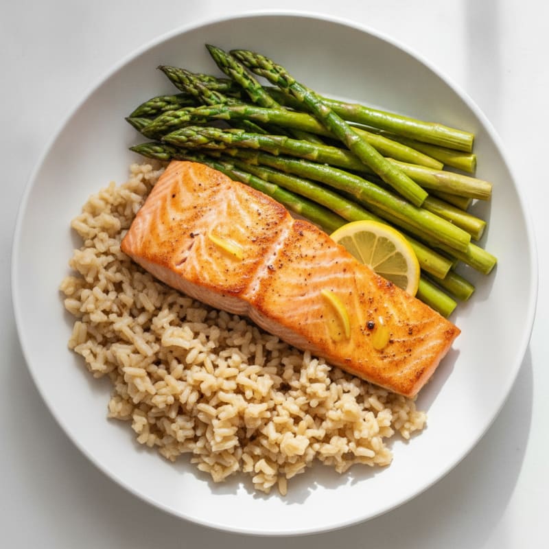 Seared Salmon with Steamed Asparagus and Brown Rice