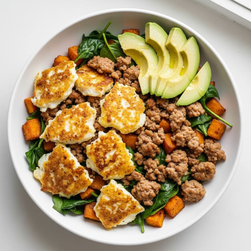 Crispy Egg White and Turkey Sausage Breakfast Bowl with Spinach
