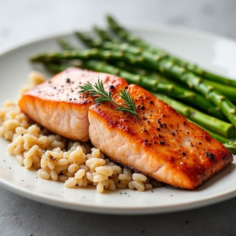 Seared Salmon with Steamed Asparagus and Brown Rice