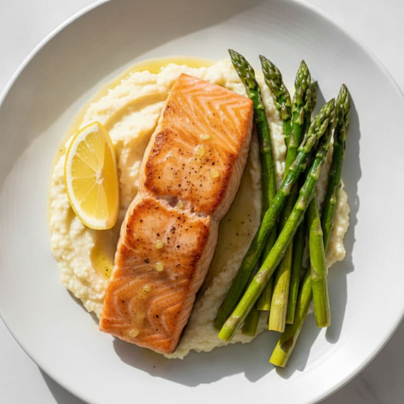 Seared Salmon Fillet with Roasted Asparagus and Cauliflower Mash