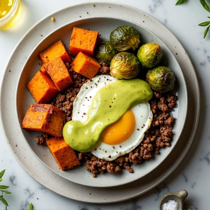 Lean Ground Beef Skillet with Roasted Sweet Potatoes, Crispy Brussels Sprouts, and Creamy Lemon Avocado