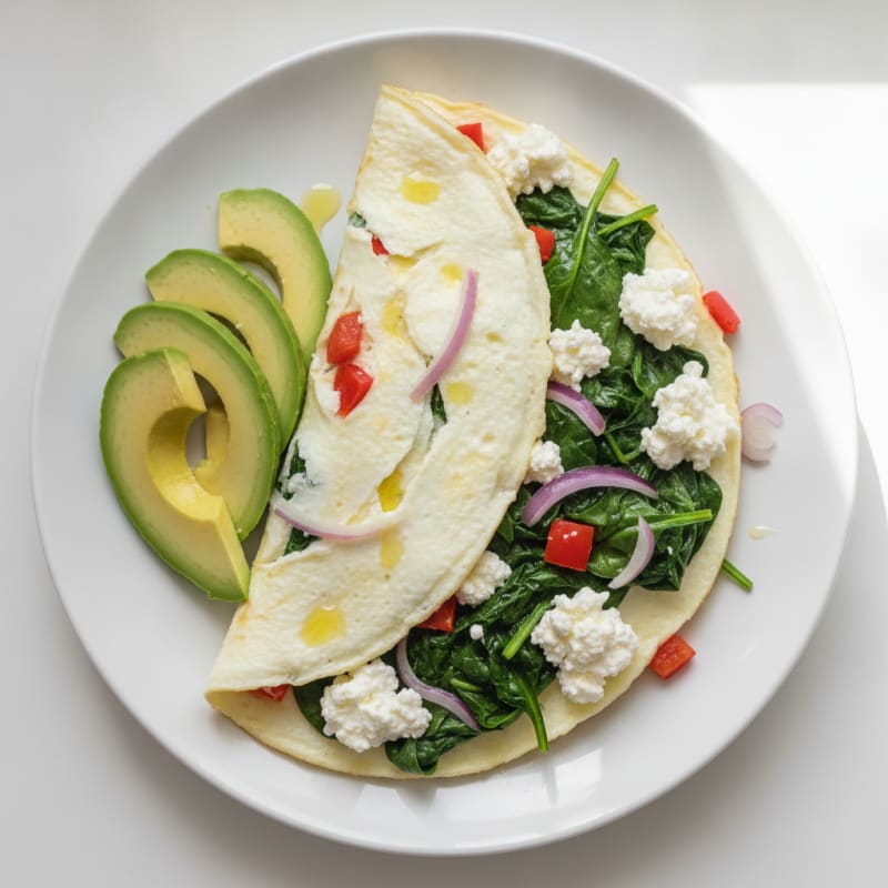 Egg White Veggie Omelet with Cottage Cheese and Sautéed Spinach