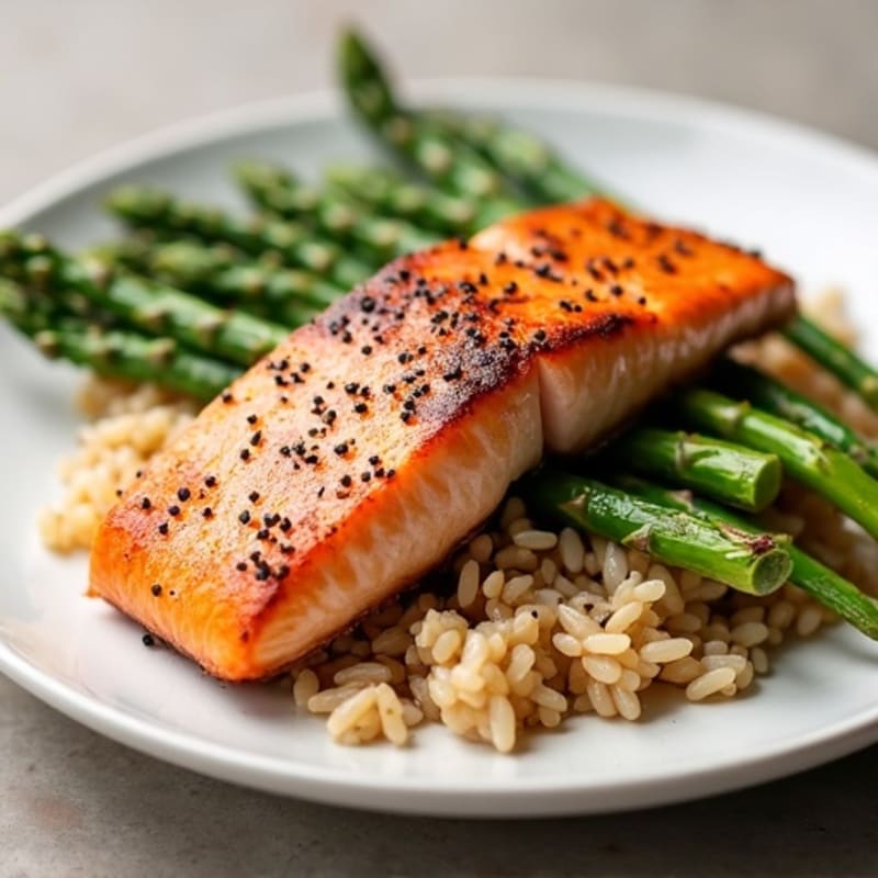 Seared Salmon Fillet with Steamed Asparagus and Brown Rice