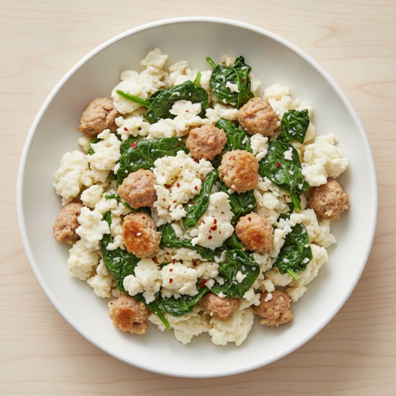 Egg White and Turkey Sausage Scramble with Sautéed Spinach