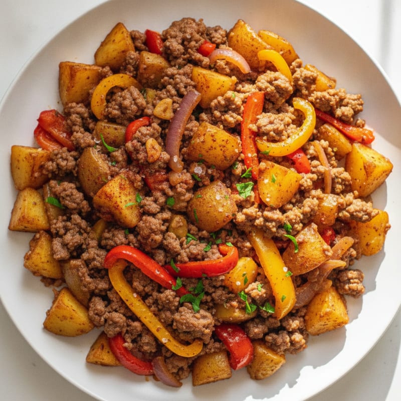 Ground Beef Skillet with Roasted Potatoes and Peppers