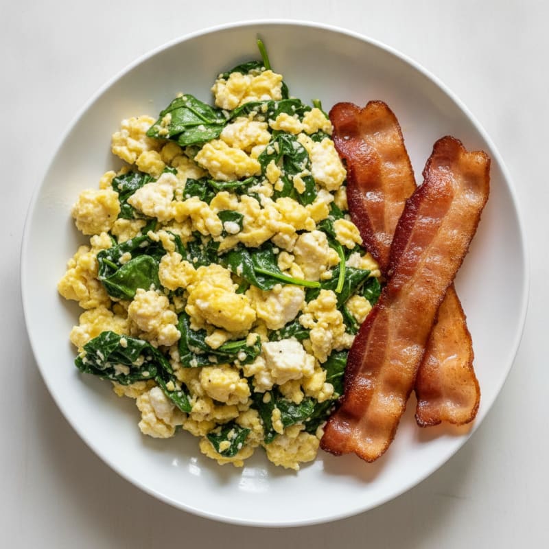 Cottage Cheese Egg Scramble with Spinach and Turkey Bacon