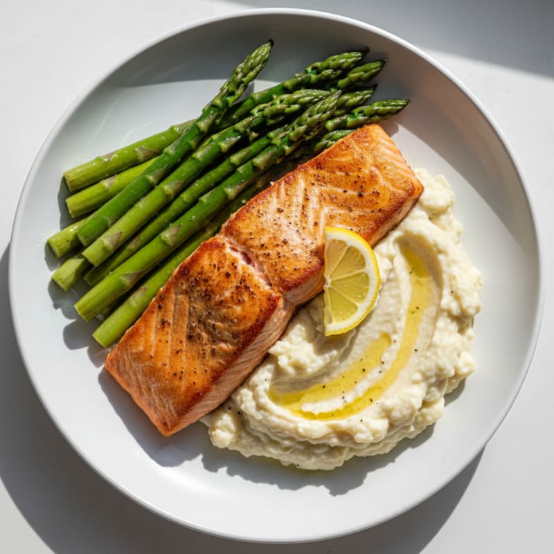 Seared Salmon with Steamed Asparagus and Garlic Mashed Cauliflower